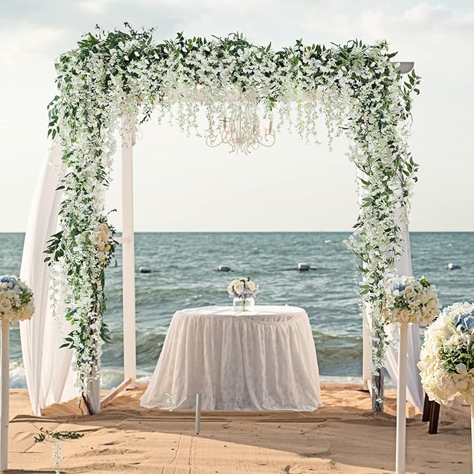 JUSTOYOU 3PCS 7FT 12 Stem Artificial Wisteria Vine Garland Fake Flower Wisteria Garlands for Outdoor Indoor Wedding Wall Bedroom Decoration(White)