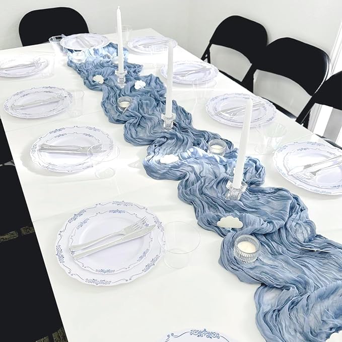 10 Pack Dusty Blue Cheesecloth Table Runner 35x120 Inch, Easter Spring Boho Rustic Semi-Sheer Gauze Cheese Cloth Table Runner for Wedding Bridal Baby Shower Birthday Party Decor