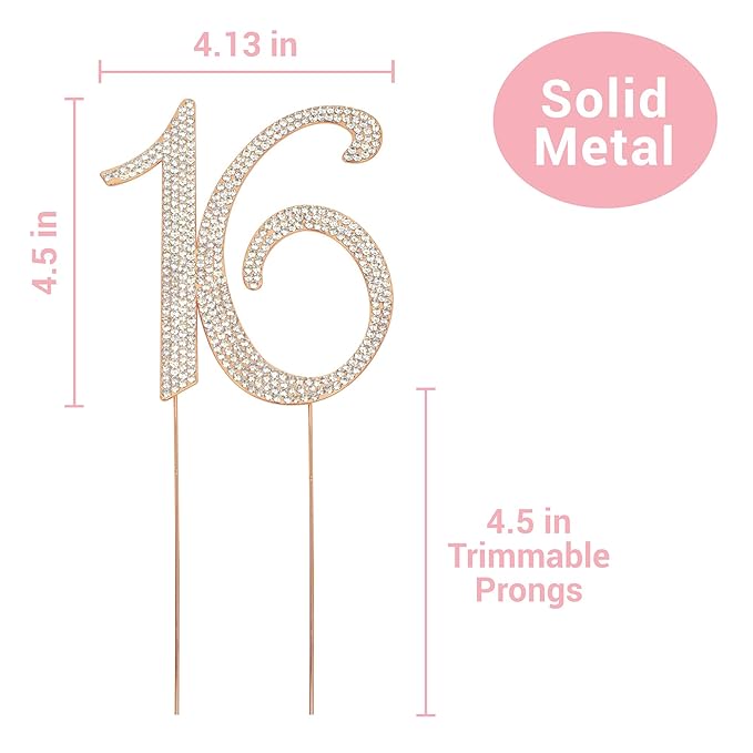 16 Cake Topper - Premium Rose Gold Metal - Sweet 16 Birthday Party Sparkly Rhinestone Decoration Makes a Great Centerpiece - Now Protected in a Box
