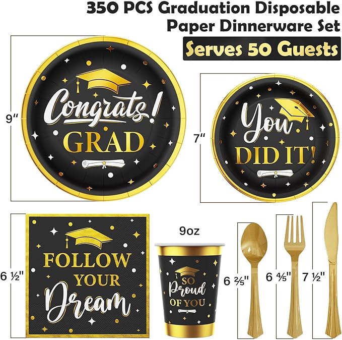 Ecomore Graduation Decoration Class of 2026, 350PCS Graduation Party Supplies Disposable Dinnerware(Serve 50) with Paper Plates Cup Napkin Fork Knife Spoon College High School Grad Decor(Black & Gold)