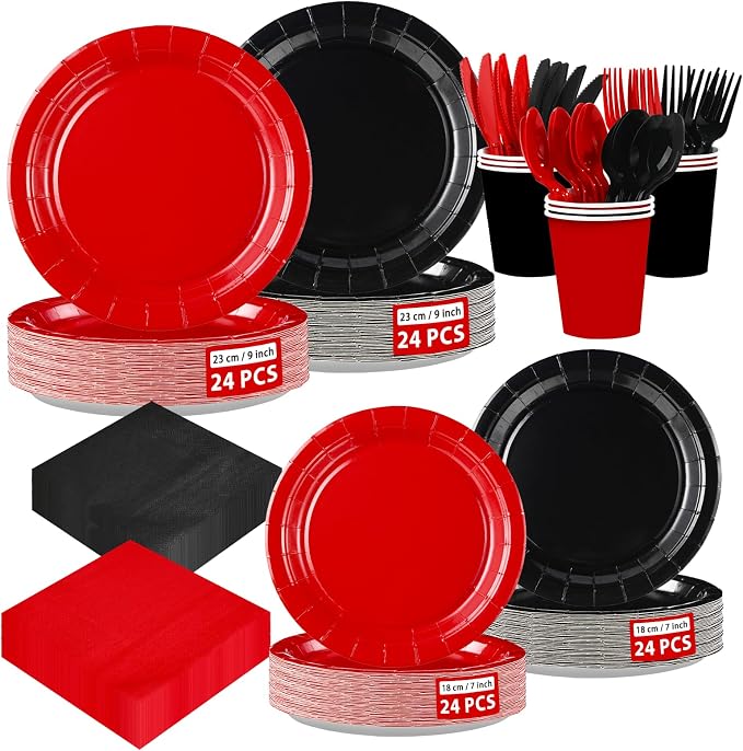 168 Pcs Red and Black Party Decorations Black and Red Plates Napkins Cups Forks Disposable Stranger Tableware Set for Congrats Fiesta Holiday Wedding Birthday Party Supplies Serves 24