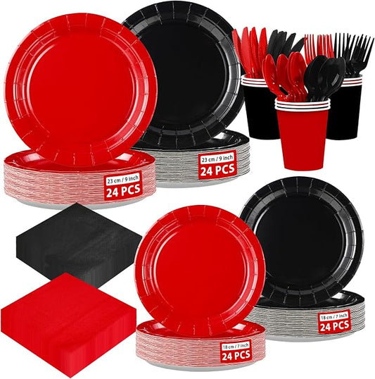 168 Pcs Red and Black Party Decorations Black and Red Plates Napkins Cups Forks Disposable Stranger Tableware Set for Congrats Fiesta Holiday Wedding Birthday Party Supplies Serves 24