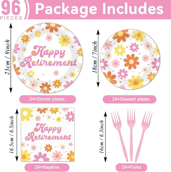 96Pcs Retirement Party Supplies Happy Retirement Plates and Napkins Colorful Daisy Flower Tableware Set Floral Disposable Dinnerware for Women Goodbye Going Away Farewell Party Decorations 24 Guests