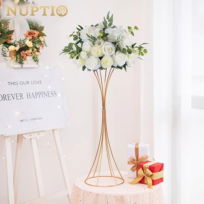 NUPTIO 2 Pcs Trumpet Vases for Centerpieces 26in Tall Gold Vase, Wedding Centerpieces for Tables, Artificial Arrangement Flower Stand for Anniversary Party Birthday Event Aisle Home Reception Decor