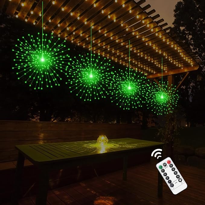 PXBNIUYA 2 Pack Starburst Sphere Lights,200 LLED Firework Lights, 8 Modes Dimmable Remote Control Waterproof Hanging Fairy Light, Copper Wire Light for Patio Parties Christmas (Green)