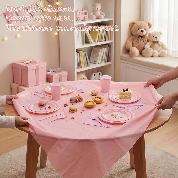 Tinybee 352 Pcs Pink Plastic Plates Party Set, 50 Guests Disposable Dinnerware Set with tablecloths Pink Disposable Plates Set for Wedding/Mother's Day/Birthday/Baby Shower
