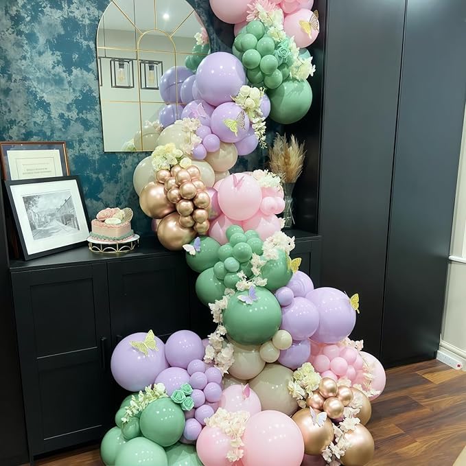 Sage Green Purple Pink Balloon Garland Arch Kit, 125pcs Dusty Green Pastel Lavender Purple Blush Pink White Sand Metallic Gold Fairy Balloon for Baby Shower Birthday Wildflower Floral Party Decoration