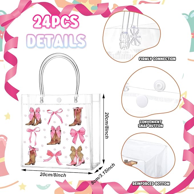 Teenyyou 24 Pcs Coquette Cowgirl Clear Gift Bags Western Boots and Pink Bow Print Transparent Tote Bags, Reusable PVC Handbags for Cowgirl Theme Party, Bachelorette, Birthday, Bridal Shower