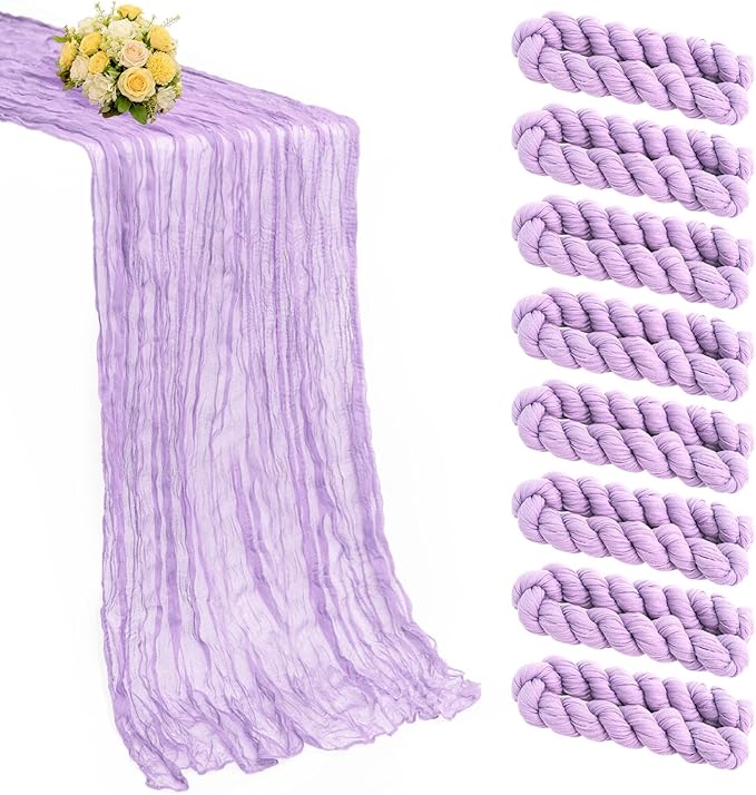 8 Pack Lav Purple Valentine's Day Cheesecloth Table Runner 21x120 Inch Gauze Table Runners Reusable Polyester 10ft Boho Rustic Cheese Cloth Table Runner for Wedding Party Baby Shower Birthday