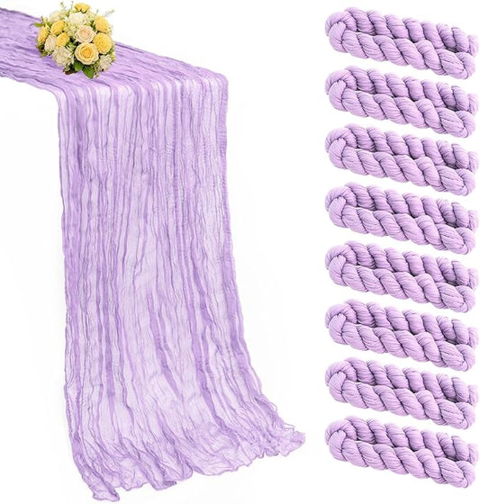 8 Pack Lav Purple Valentine's Day Cheesecloth Table Runner 21x120 Inch Gauze Table Runners Reusable Polyester 10ft Boho Rustic Cheese Cloth Table Runner for Wedding Party Baby Shower Birthday