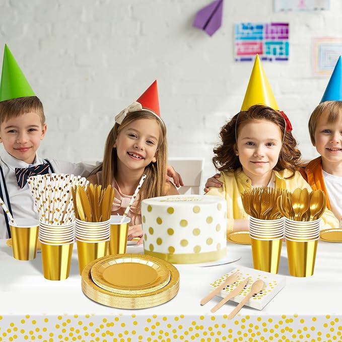 Nkaiso 193 Pcs Golden Paper Plates and Napkins Party Supplies Sets Include Gold Party Plate Cup Napkin Plastic Cutlery for Baby Shower, Wedding, Birthday Decoration -24 Guest