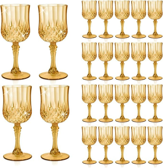 CHLJAR 24 PCS Plastic Amber Wine Glasses Goblets Amber Vintage Wine Glasses, Reusable Drinkware Vintage Champagne, Plastic Goblets for Parties for Wedding Reception Grand Event Party, 7oz