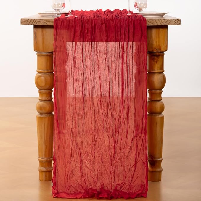 DeZerlor Red Cheesecloth Table Runner 6 Pack Spring Easter Table Runners Boho Gauze 120 Inches Red Cheese Cloth Table Decor for Wedding Bridal Baby Shower Parties