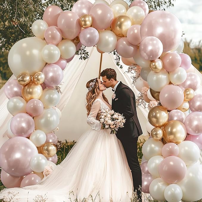 Pink Gold White Balloons Arch Kit - 119 pcs Double Stuffed Dusty Pastel Light Pink Champagne Gold Pearl White Sand Balloons for Birthday Bridal Shower Wedding Party Decorations
