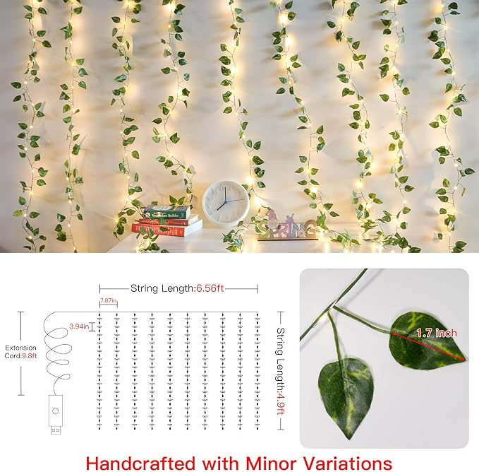 suddus Vines with Lights for Bedroom, 150 LED Fairy Lights with Vines, Pothos Curtain Lights for Bedroom, Dorm, Wedding, Party, Wall, Indoor, Outdoor Decor, 6.5ft x 4.9ft