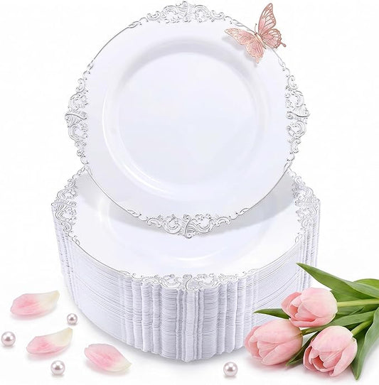 Hioasis 100pcs White Silver Plastic Plates for Party - 7.5" Dessert Plates Disposable, Heavy -duty, Classy and Elegant for Wedding & Mothers Day