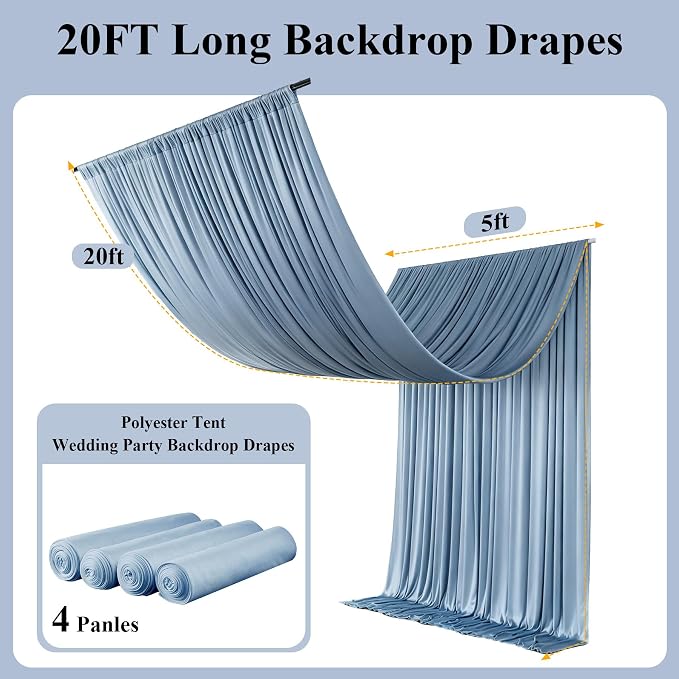 20x20ft Dusty Blue Ceiling Drapes, 4 Panels 20ft Height Wrinkle-Free Tent Draping Curtains for Wedding Party Tent Canopy Arch Backdrop Decorations