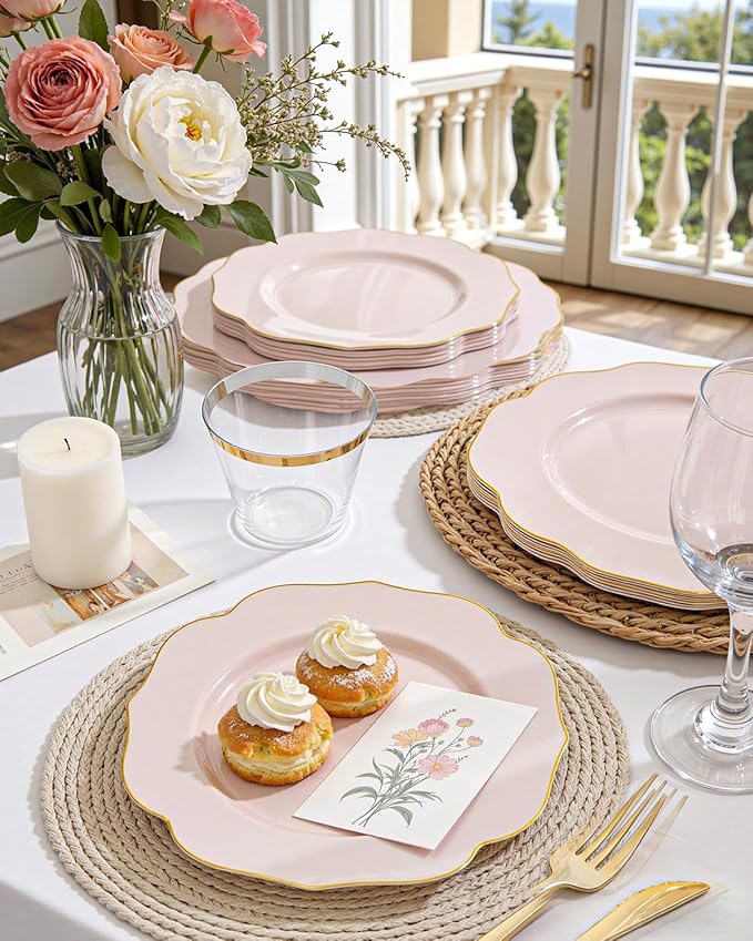 bUCLA 180PCS Pink Plastic Plates - Pink with Gold Rim Disposable for Party Include 30 Each (Dinner & Dessert) Plates, 30 Knives, 30 Forks, 30 Spoons, 30 Cups for Wedding, Birthday & Mother's Day