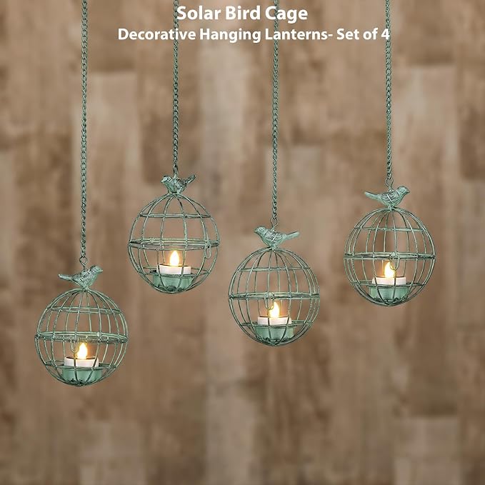 Outdoor Solar Hanging Lantern Lights, 4 Pack Rustic Ball Birdcage Hanging Candle Holder with Solar Tea Lights, Waterproof Chandelier for Tree, Pergola, Patio Decor (Vintage Green)