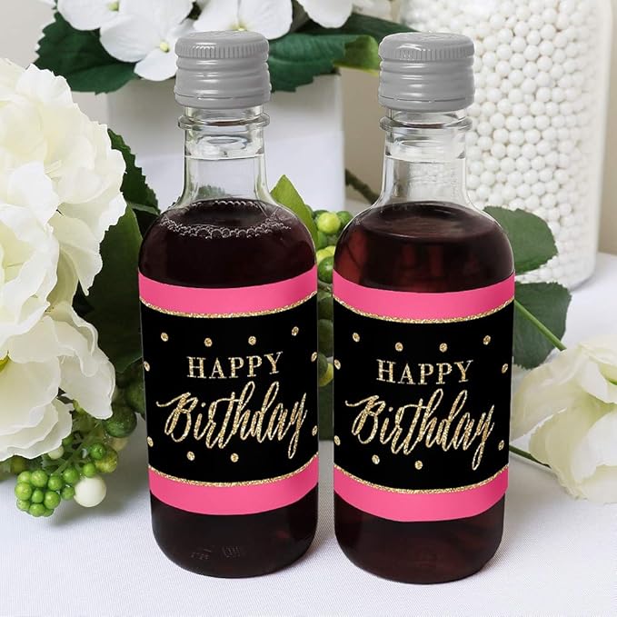 Big Dot of Happiness Chic Happy Birthday - Pink, Black and Gold - Mini Wine and Champagne Bottle Label Stickers - Birthday Party Favor Gift for Women and Men - Set of 16