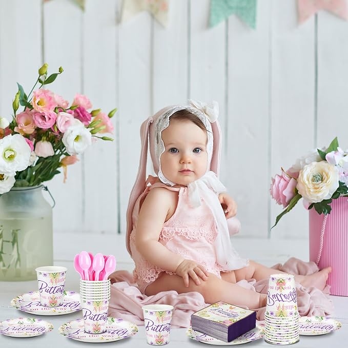 Dandat 350 Pcs Baby Shower Plates Set Baby Shower Party Supplies Serves 50 Tableware Sets Include Plates Napkin Cup Forks Knives Spoons Disposable Dinnerware(Butterfly,Purple)