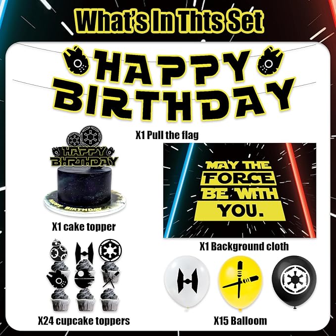 42pcs May The Force Be With You Party Supplies Galaxy Party Decorations Include Balloons,Banner,Cake Topper,Backdrop for Boys Space Theme Birthday party Decorations