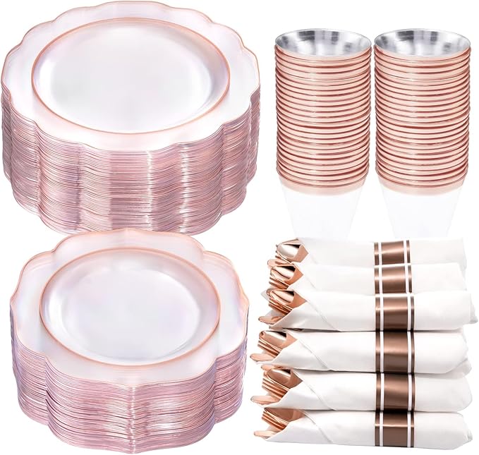 NOCCUR 350PCS Rose Gold Plastic Plates - Clear Rose Gold Disposable Dinnerware Set - Include 100 Dinner/Dessert Plates,50 Cups,50 Pre Rolled Napkins with Cutlery Set - Ideal for Party/Mother's Day