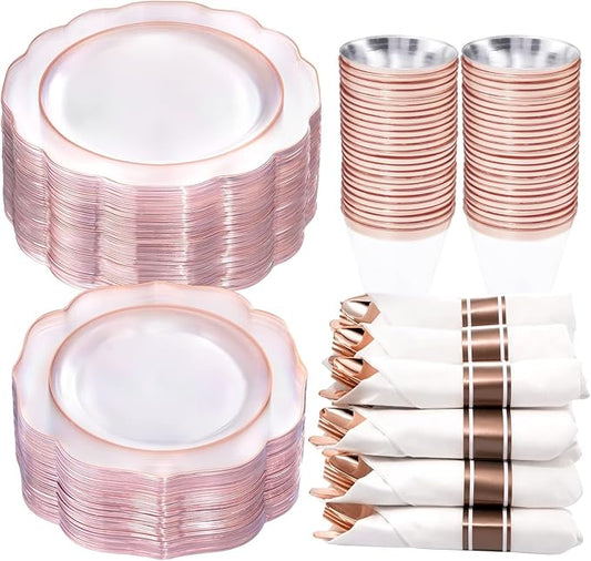 NOCCUR 350PCS Rose Gold Plastic Plates - Clear Rose Gold Disposable Dinnerware Set - Include 100 Dinner/Dessert Plates,50 Cups,50 Pre Rolled Napkins with Cutlery Set - Ideal for Party/Mother's Day