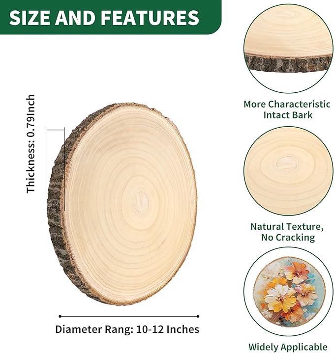 6 Pack Round Wood Slices for Centerpieces, 10-12 Inch Rustic Wood Slices for Crafts, Unfinished Wooden Circle with Tree Bark for Tables Sign Crafts DIY Project Decorations