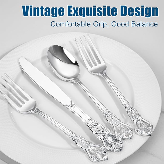 300Pieces Silver Plastic Silverware - Heavy Duty Silver Disposable Utensils - Vintage Plastic Cutlery Set Includes 100 Forks, 100 Spoons, 100 Knives for Dinner Parties Weddings