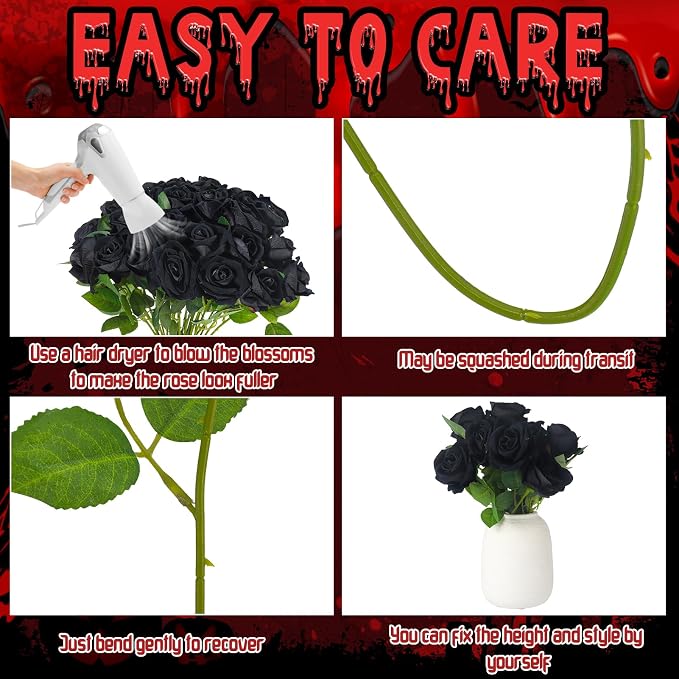 36 Pcs Black Rose Bouquet Bridal Artificial Flowers | Fake Rose Long Stem Realistic Artificial Flowers Bulk for Wedding Bouquet Ball Arrangement Centerpiece Party Decor