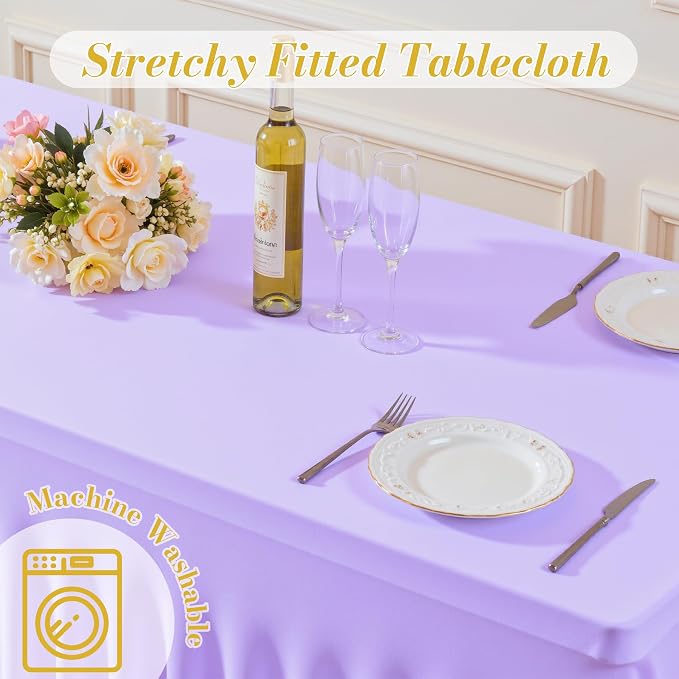 6 Pack Purple Table Cloth for 8 Foot Rectangle Tables Spandex Fitted Tablecloth 8ft Stretch Table Covers Skirt Purple Banquet Tablecloths Wrinkle Free Tablecloth for Party Wedding Birthday Event
