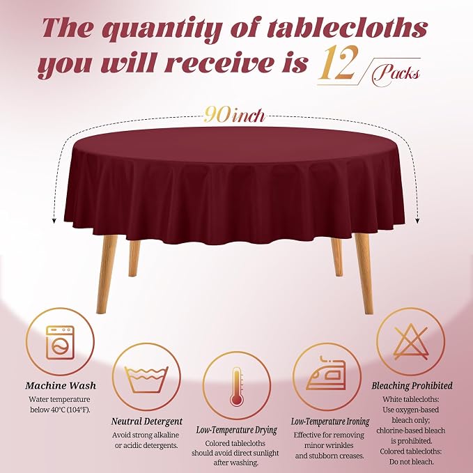 Teruntrue 12 Packs Burgundy Round Tablecloths 90 inch Round Table Cloth, Washable Polyester Fabric for Wedding Parties Banquet Holiday Dinner Table Decorative, Burgundy
