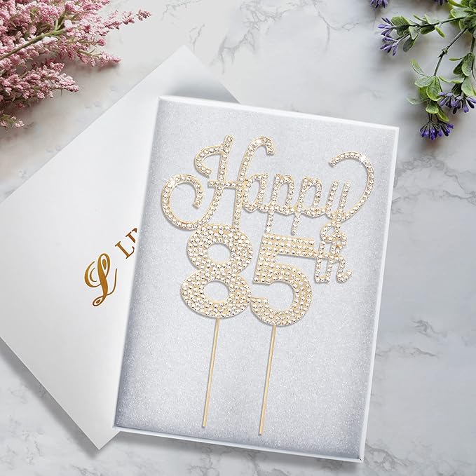 LINGTEER Happy 85th Birthday Gold Rhinestone Cake Topper - Cheers to 85th Birthday 85 Years Old Anniversary Party Cake Centerpieces Topper Decorations Gift Sign.