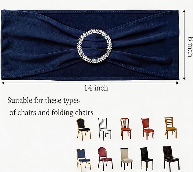 Pack of 50 Spandex Navy Blue Chair Sashes for Party Decorations, Elastic Chairs Bands with Buckle Slider, Chair Bows for Wedding Reception, Without White Seat Covers (Navy)