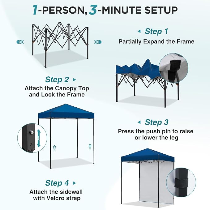 EAGLE PEAK 6x4 Instant Pop Up Canopy Tent with 1 Side Wall Panel, Straight Leg Sun Shelter, Portable Canopy with Carry Bag for Camping, Beach & Sports, Dark Blue