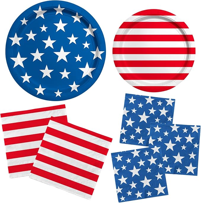 American Flag Patriotic Party Supplies Disposable dinner paper plates dessert paper plates Napkins and Cocktail napkins for Veterans Day Election Day 4th of July Independence Day Decorations, Serve 50