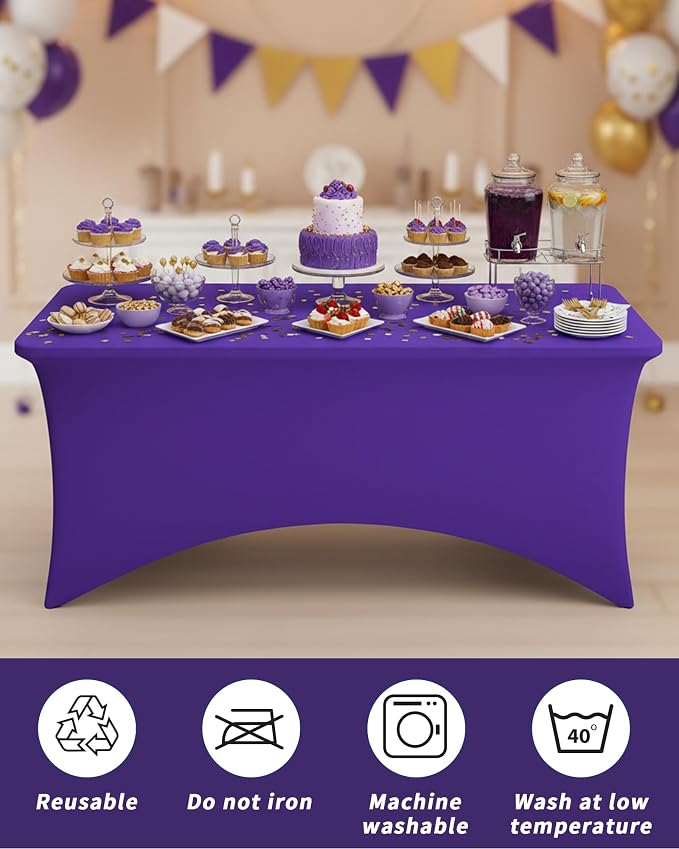 Fixwal 6 Pack 6Ft Purple Table Cover, Spandex Fitted Tablecloths Rectangle, Wrinkle-Free and Stretch Folding Table Cloth for Banquet, Wedding, Party, Trade Show