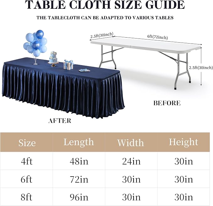 Wish Care 2 Pack Satin Table Cover Skirts for 6ft Rectangular Tables, Navy Blue Shimmer Silk Tablecloth with Floor Length Ruffle for Wedding Banquet Party Buffet Decoration