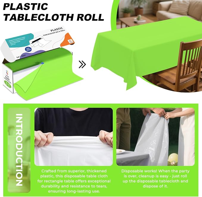 54IN X 320FT Plastic Table Cover Roll with Cutter Box, Cut to Size Plastic Table Cloths for Parties, Birthday, Disposable Tablecloth Roll for All Shape Tables (Lime Green, 54 Inch X 320 Feet)