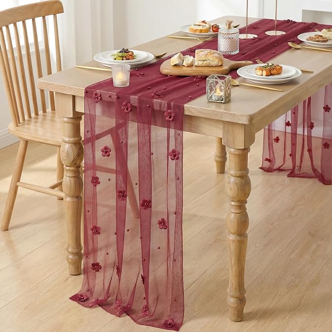 Artoid Mode Burgundy Flower Pearl Burgundy Gauze Table Runner 10FT, Seasonal Sheer Dining Holiday Wedding Birthday Baby Shower Table Decor for Home Party
