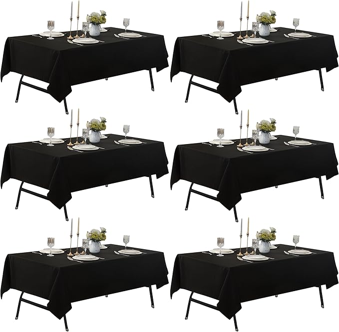6-Pack 60x102 inch Black Table Cloths, Solid Stain and Wrinkle Resistant Oblong Tablecloth, Premium Plain Weave Polyester Fabric Rectangle Table Linen Covers for Hotel, Wedding