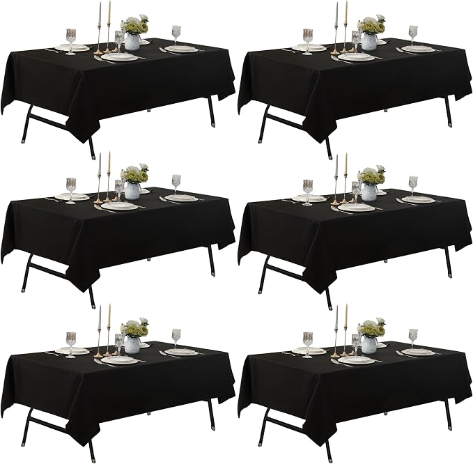 6-Pack 60x120 inch Black Table Cloths, Solid Stain and Wrinkle Resistant Oblong Tablecloth, Premium Plain Weave Polyester Fabric Rectangle Table Linen Covers for Hotel, Wedding