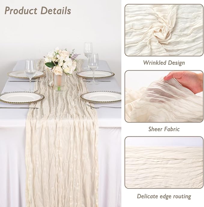 20 Pack Ivory White Cheesecloth Table Runner 120 Inch 10FT Gauze Cheese Cloth for Football Theme, Wedding Decoration, Bridal Shower Decorations, Banquet, Boho Decor