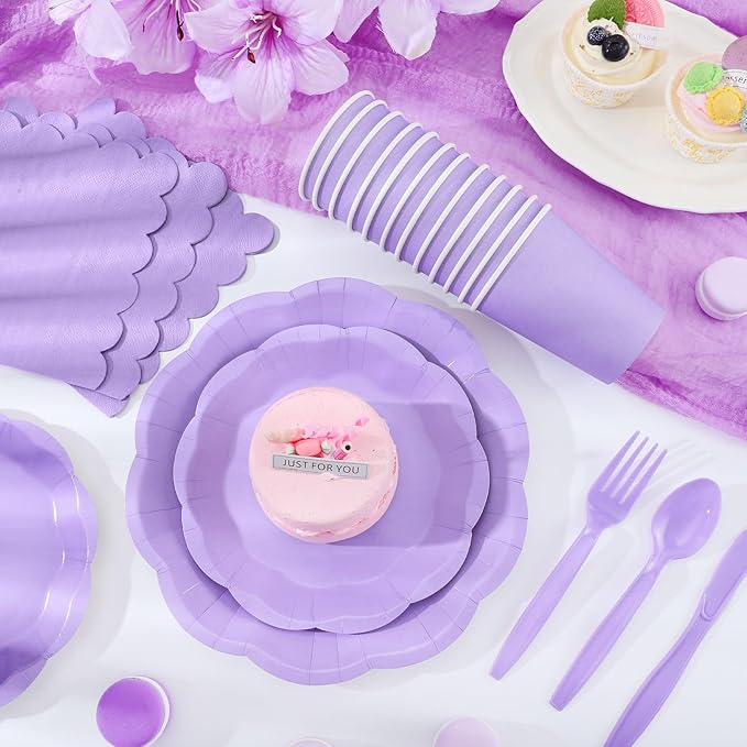 350 Pcs Light Purple Party Supplies Include Scalloped Lavender Plates Mothers Day Napkins Cups Forks Knives Serve 50 Guest Disposable Party Tableware Set for Wedding Baby Shower Birthday Party