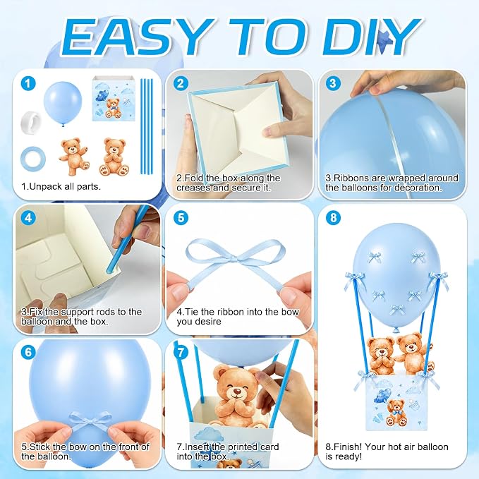 Cinrobiye 12 Sets Teddy Bear Baby Shower Centerpieces for Tables, Bear Favor Boxes with Balloons, Ribbons Paper Straws, DIY Table Decorations for Gender Reveal, Baby Shower, Birthday Party Supplies