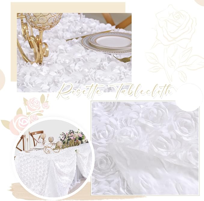 Fanqisi White 3D Floral Satin Raised Rosettes Tablecloth Rectangular 90x132 Inches Rosette Tablecloth for Wedding Baby Shower Table Bridal Shower Meeting Events Decoration