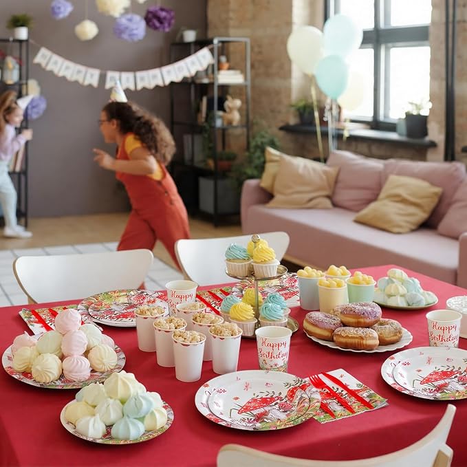 Pickmesh 400 Pcs Mushroom Birthday Party Decoration Set, Disposable Mushroom Paper Plates and Napkins, Cups and Cutlery Supplies Spring Themed Birthday Party Tableware, Serve for 50 Guests