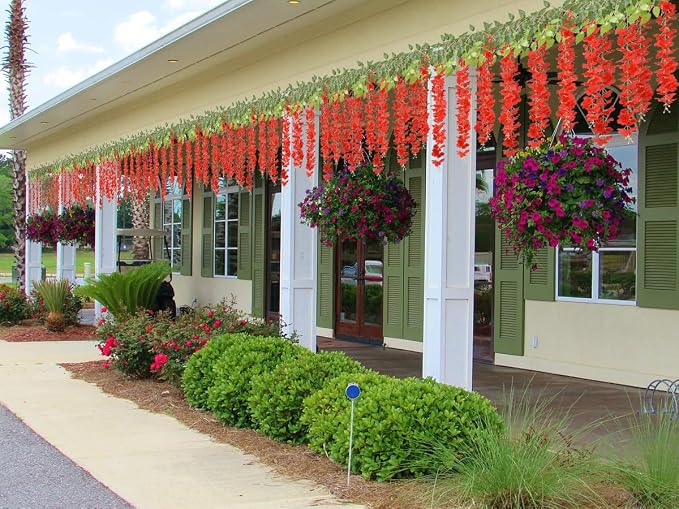 U'Artlines 24 Pack (Total 86.4 Feet) Artificial Fake Wisteria Vine Rattan Hanging Garland Silk Flowers String Home Party Wedding Decor (24, Red)