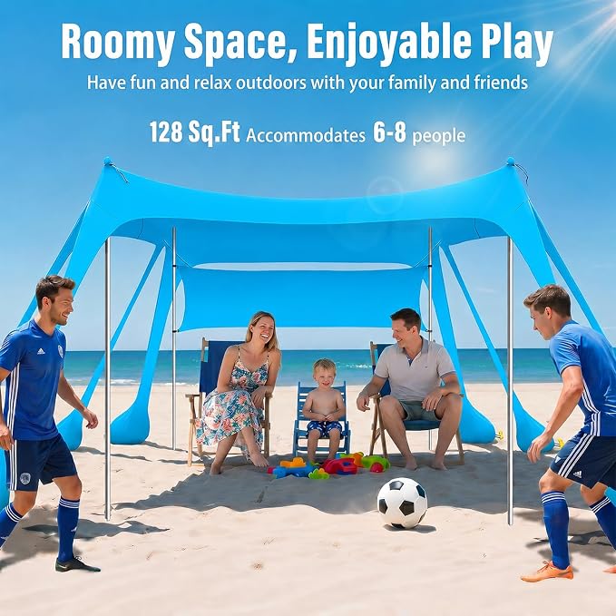Large Beach Tent Sun Shelter with Sidewall, UPF80+ UV Protection Beach Tents Shade Canopy with 8 Sandbags, 4 Stability Poles for Sand, Camping, Fishing, Outdoor Tent Sun Shelters (11x11ft, Sky Blue)